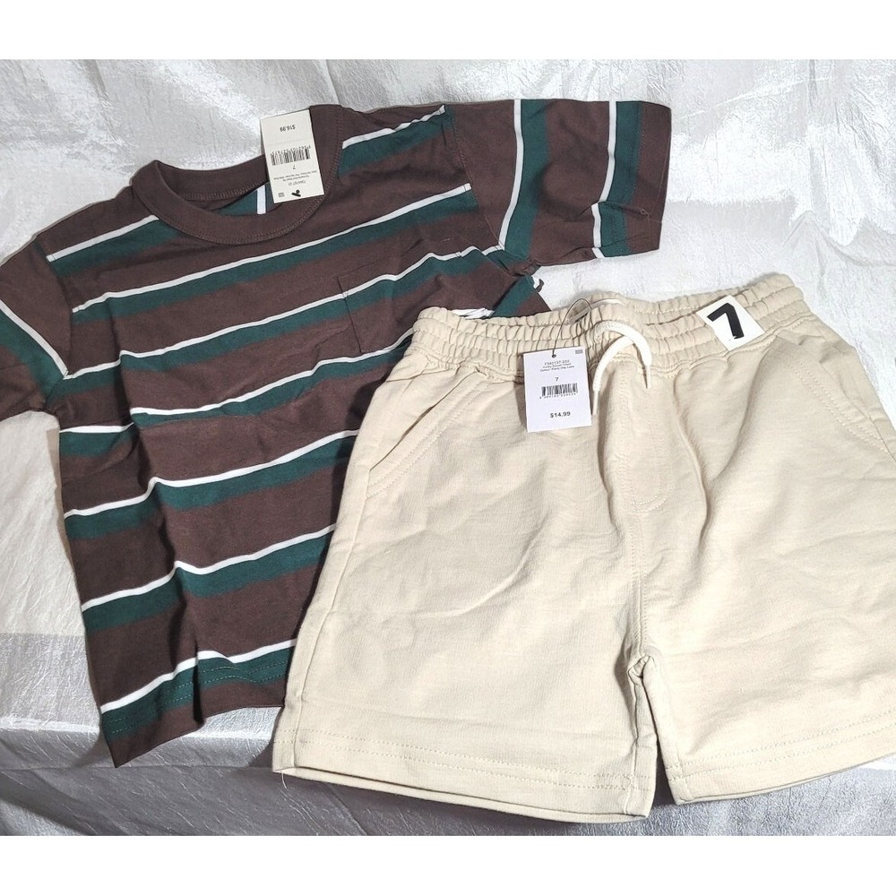 Cotton-on Kids Boy's 2 pc Outfit: Tan Shorts & Brown/Green Stripe T-Shirt Size 7